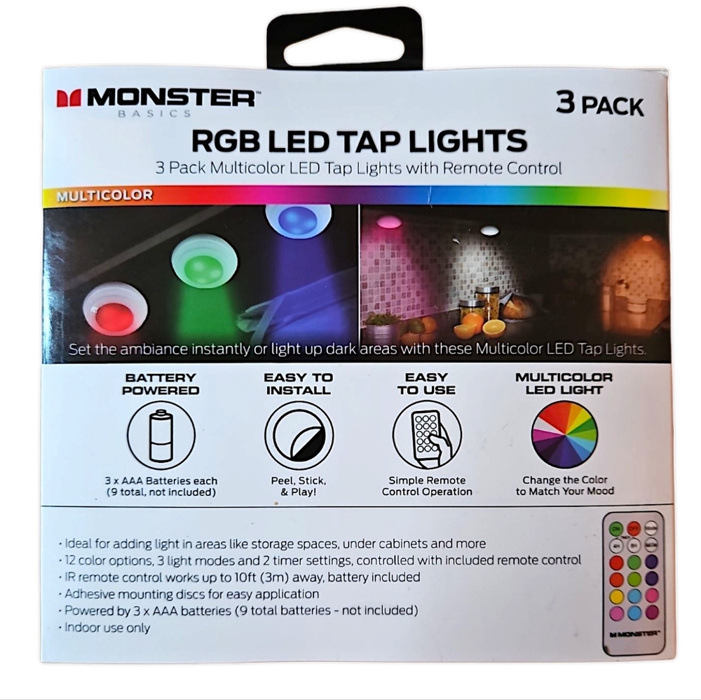 Multicolor LED Tap Lights with Remote Control, Set Of 3, New In Box - Picture 2 of 2